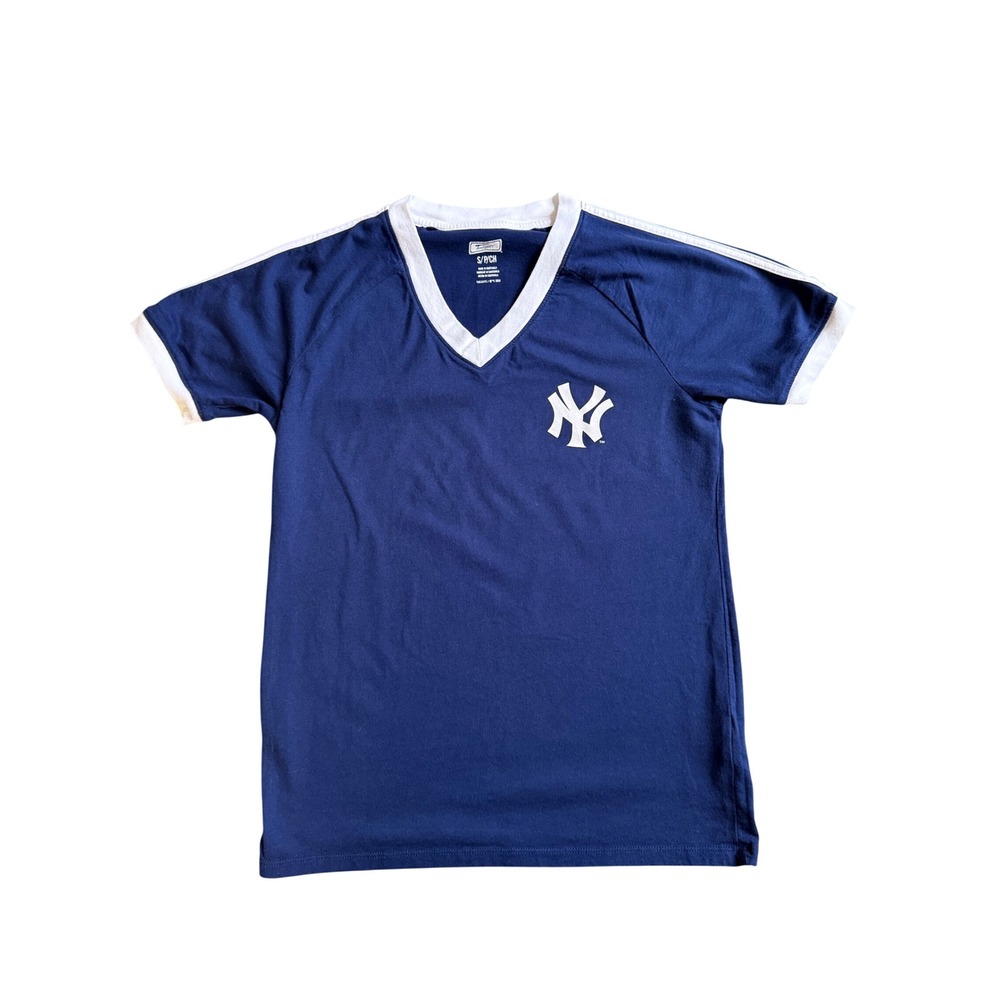 Tailgate New York Yankees Navy Blue V-Neck Ringer Graphic T-Shirt Small